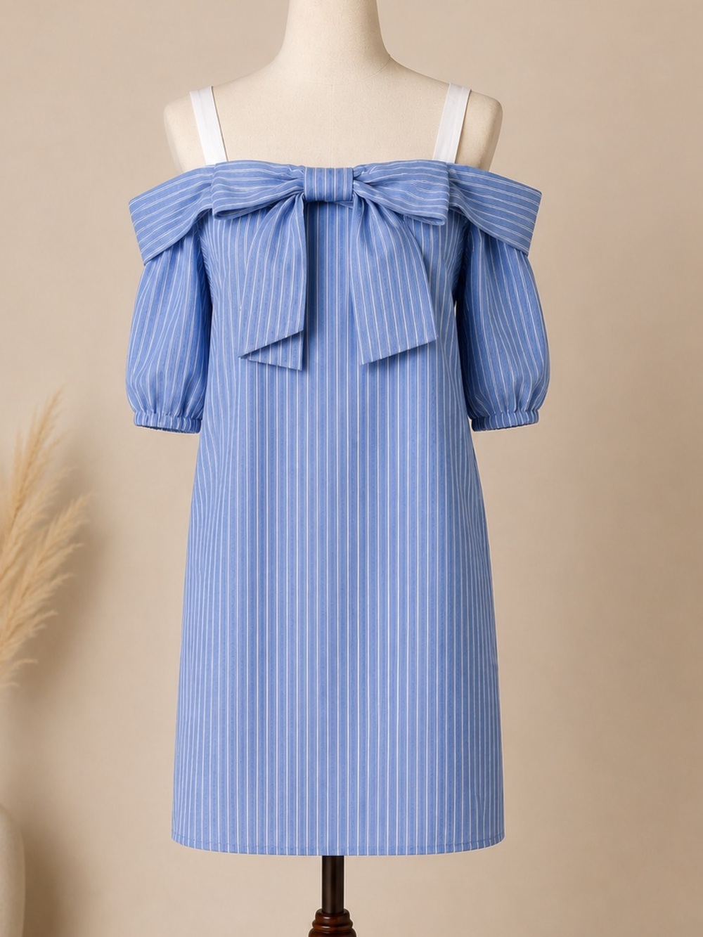 Pink Owl Blue Striped Off-Shoulder Bow Dress